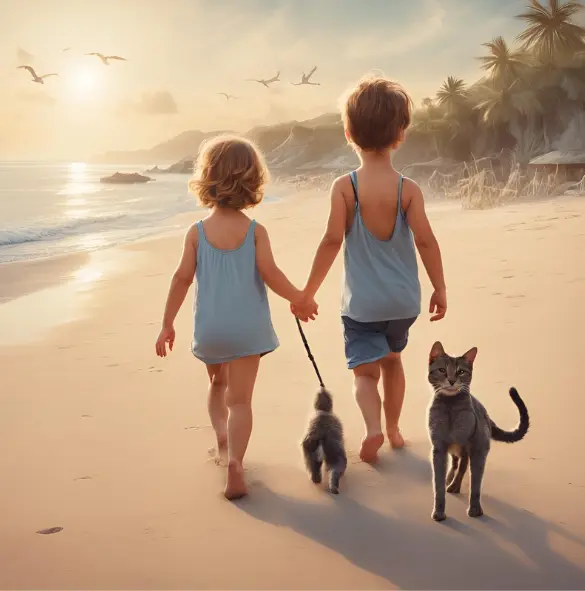 Kids walk on beach with pets